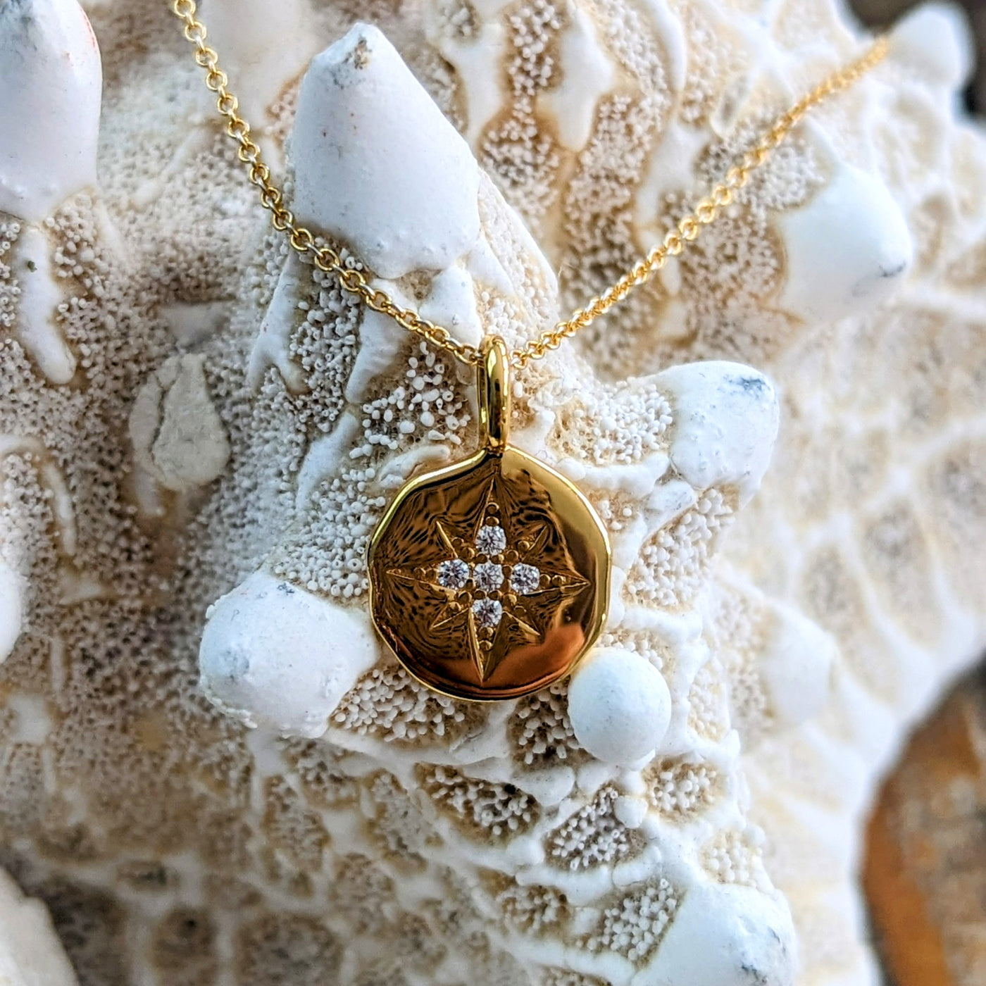 18 carat gold plated starburst disc pendant necklace