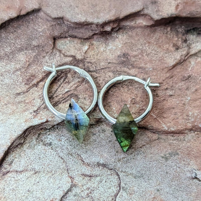 labradorite sterling silver octahedron charm hoop earrings