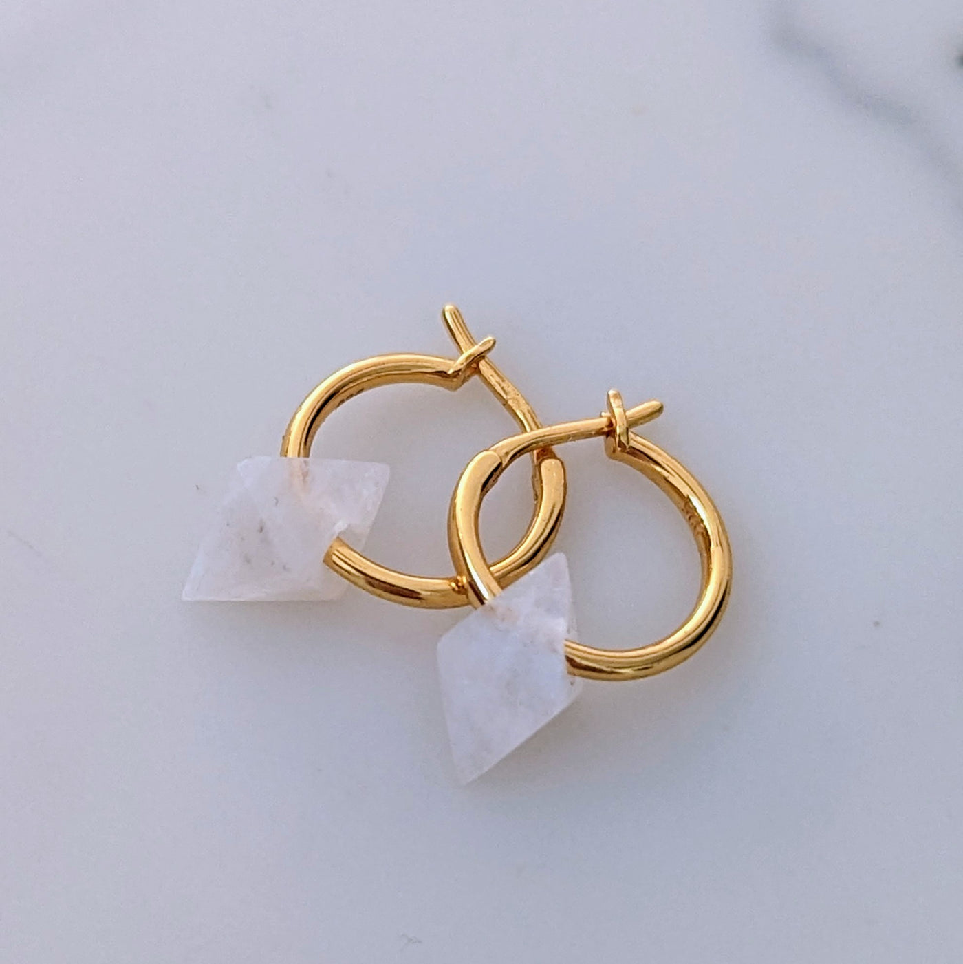 Moonstone gold plated octahedron charm hoop earrings