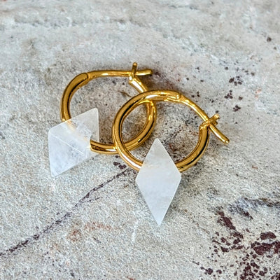 Moonstone octahedron charm gold plated hoop earrings