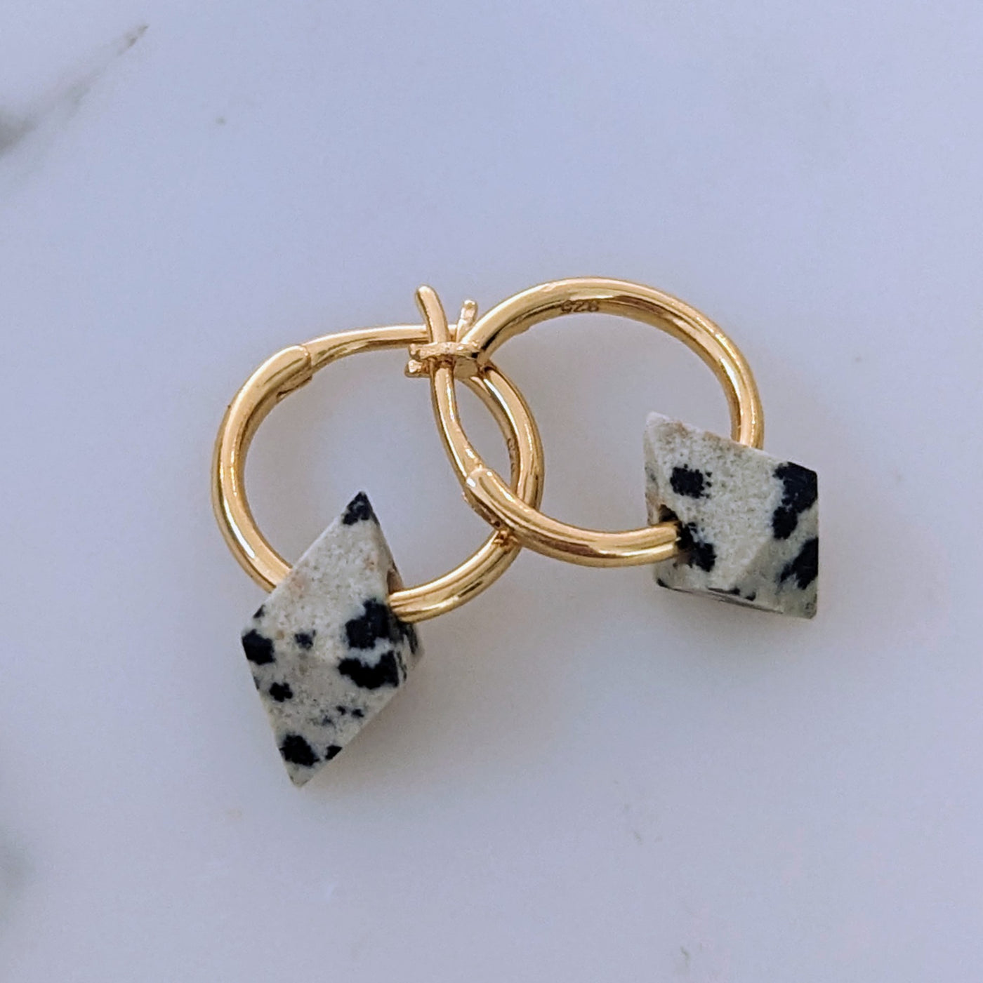 Dalmatian Jasper octahedron charm gold plated hoop earrings