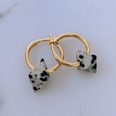 Dalmatian Jasper octahedron charm gold plated hoop earrings