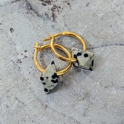 Dalmatian Jasper octahedron charm gold plated hoop earrings