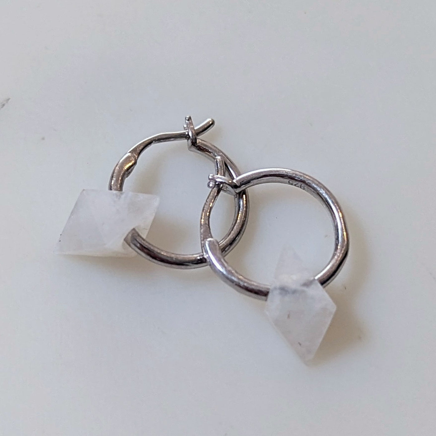 Moonstone octahedron charm sterling silver hoop earrings