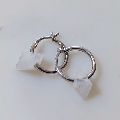 Moonstone octahedron charm sterling silver hoop earrings