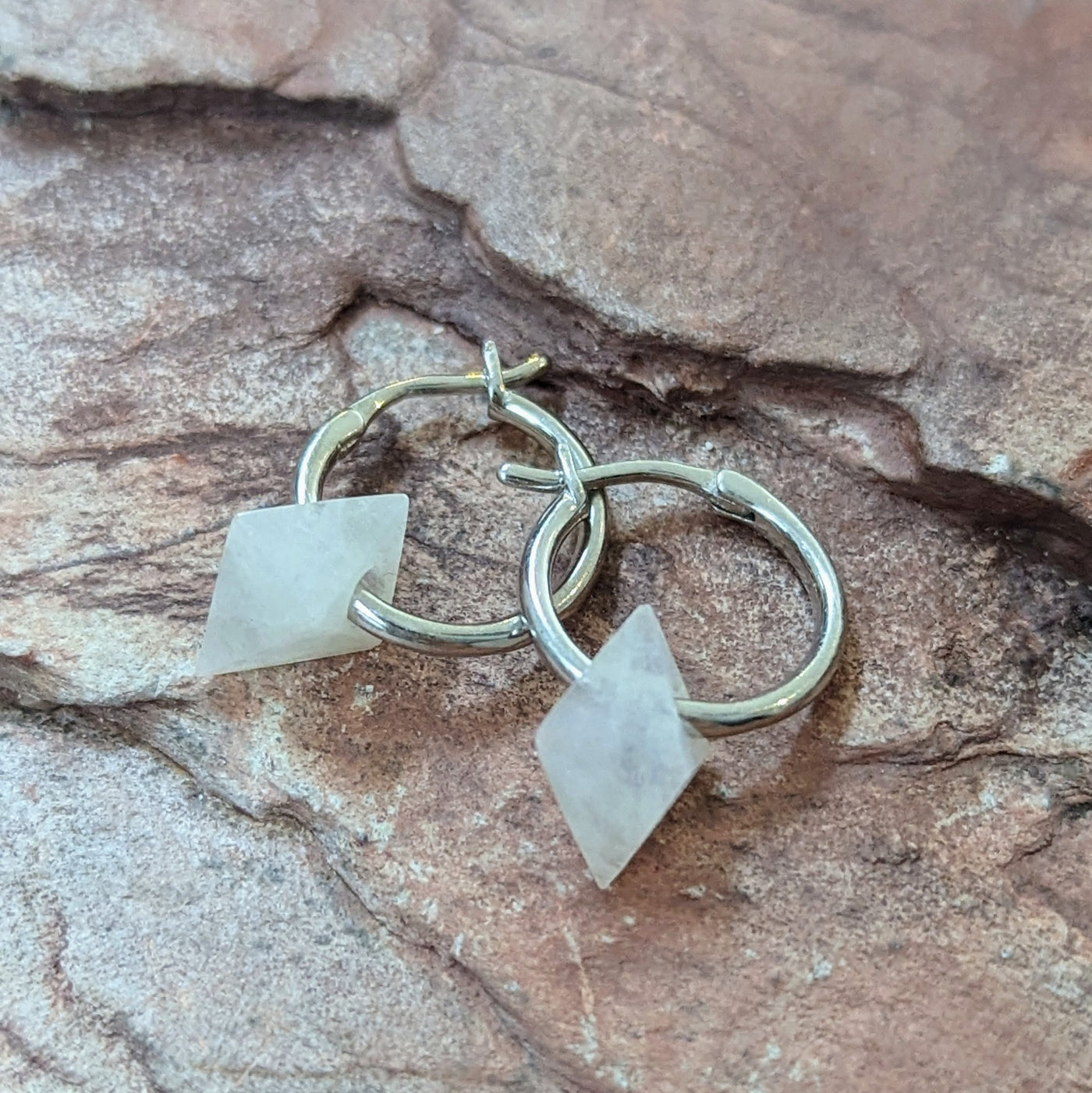 Moonstone octahedron charm sterling silver hoop earrings