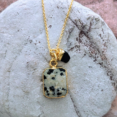 Dalmatian Jasper and Black Tourmaline gold plated  necklace