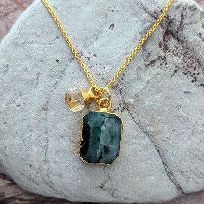 Emerald and Citrine gold plated pendant necklace