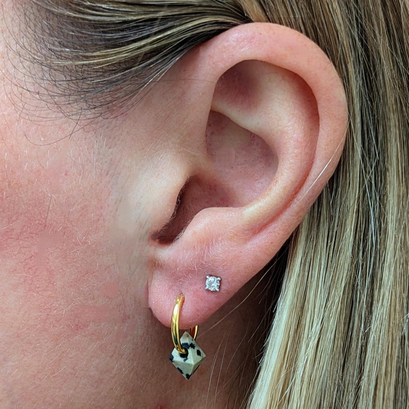 Dalmatian Jasper octahedron charm gold plated hoop earrings