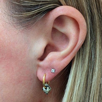 Dalmatian Jasper octahedron charm gold plated hoop earrings
