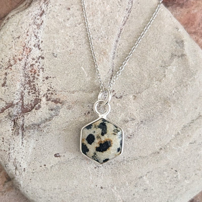 Sterling silver dalmatian jasper hexagon pendant necklace