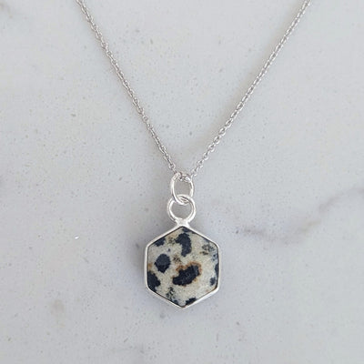 Sterling silver dalmatian jasper hexagon pendant necklace