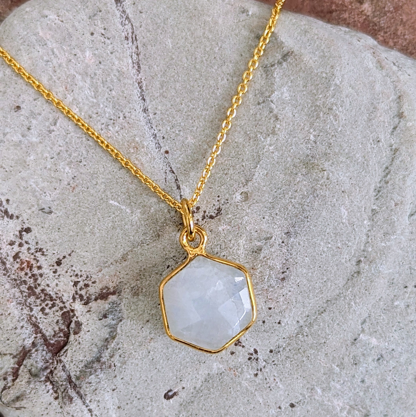 Gold plated moonstone hexagon pendant necklace