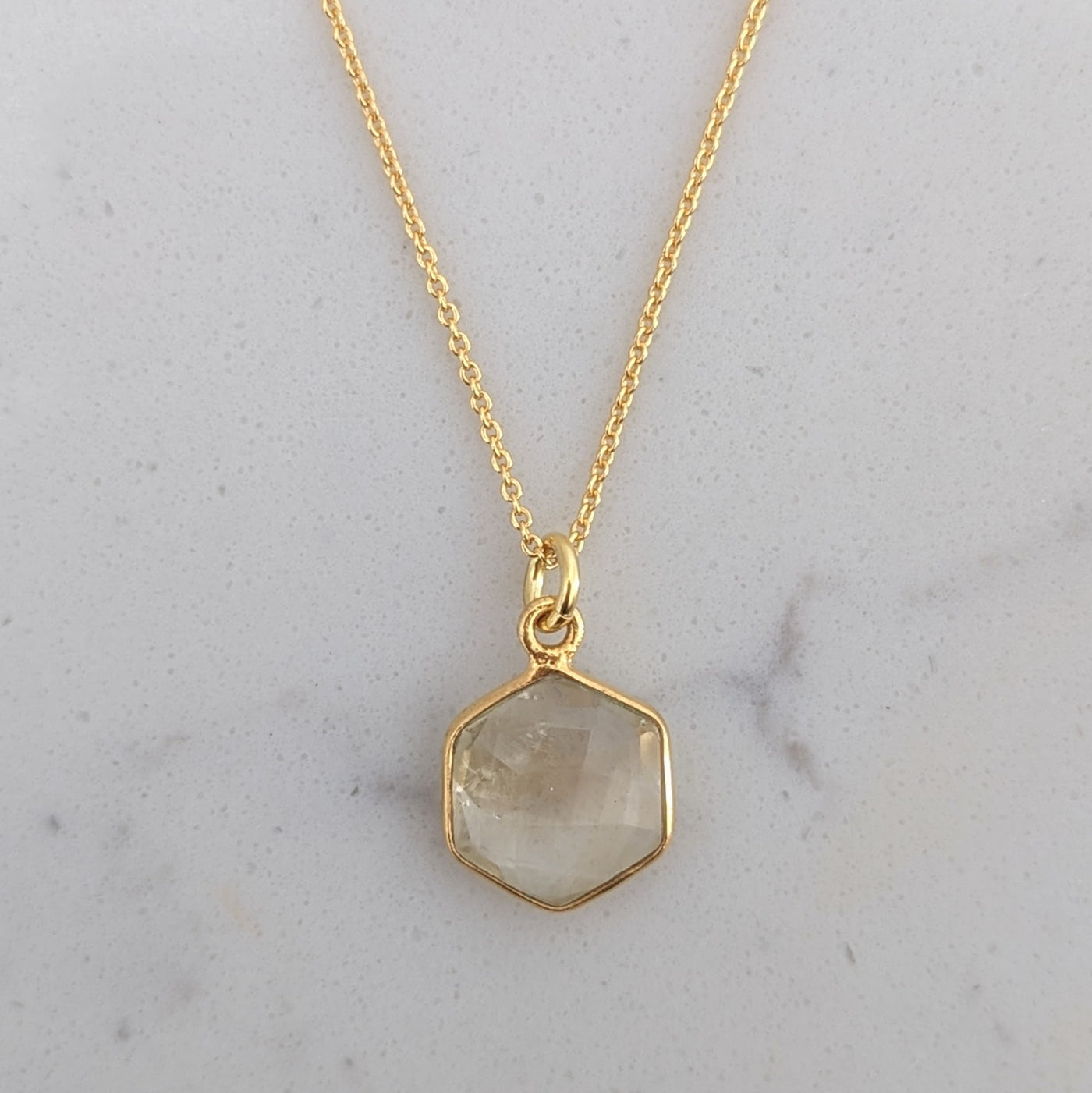 Gold plated citrine hexagon pendant necklace