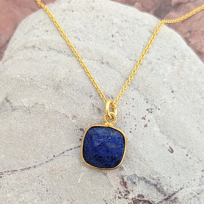 Gold plated lapis lazuli square pendant necklace