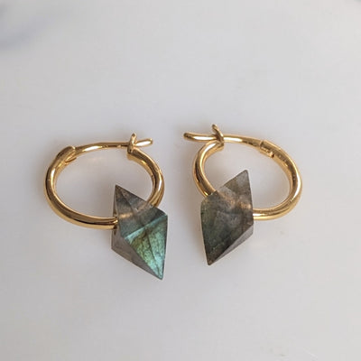 labradorite gold plated octahedron charm hoop earrings