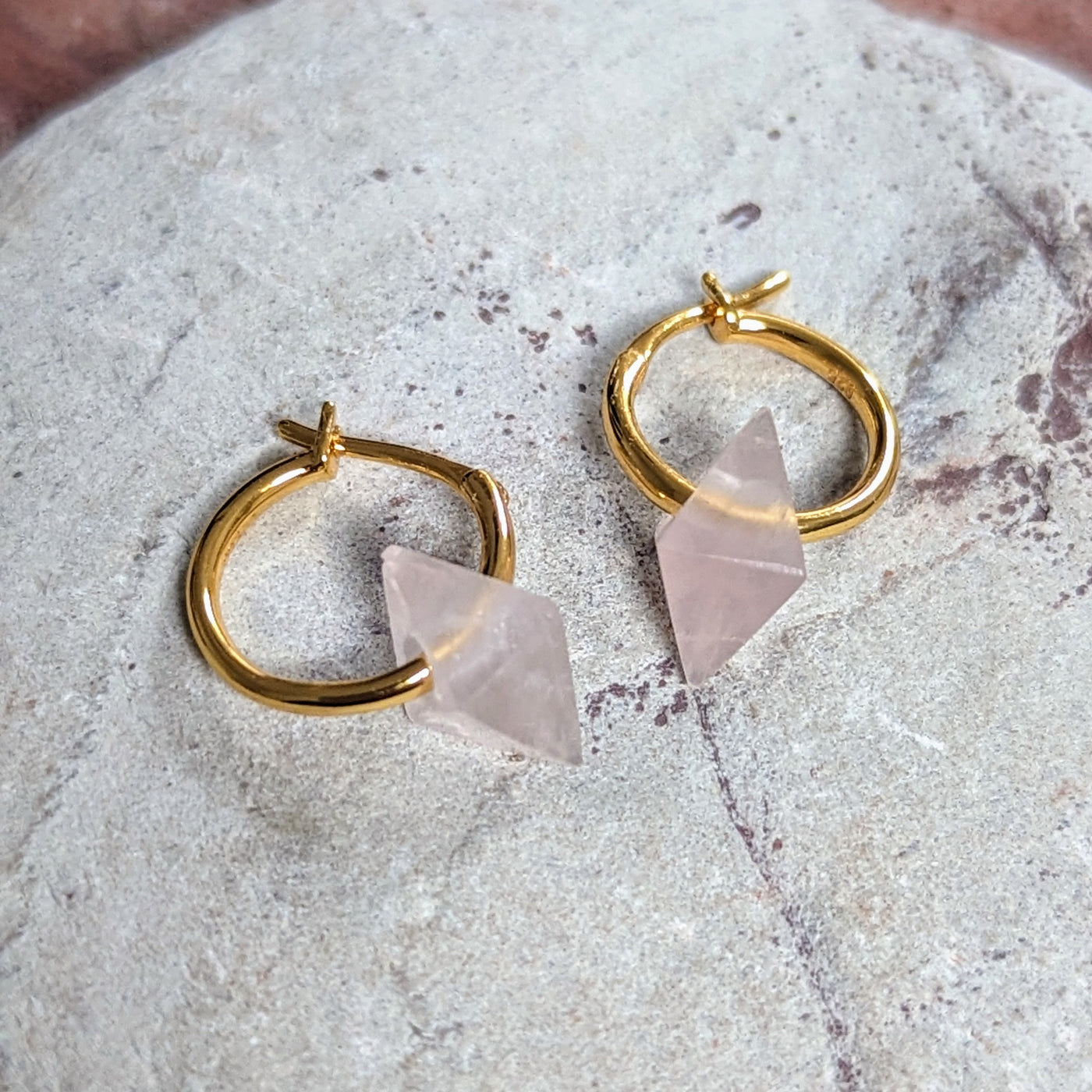 Rose quartz octahedron charm gold plated hoop earrings