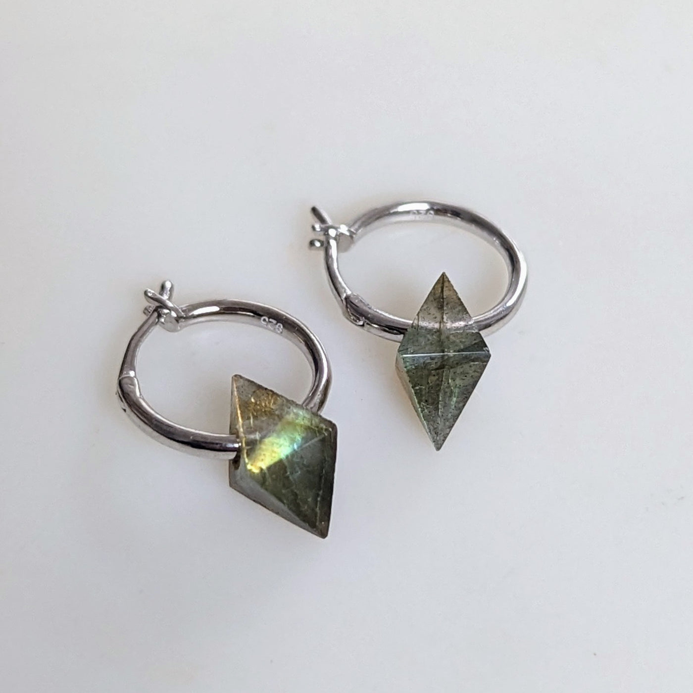 labradorite sterling silver octahedron charm hoop earrings