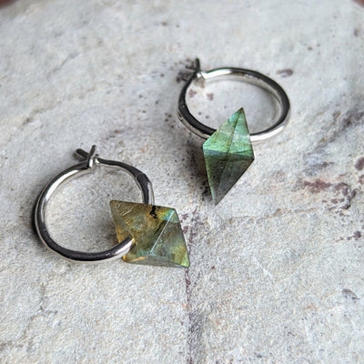 labradorite sterling silver octahedron charm hoop earrings