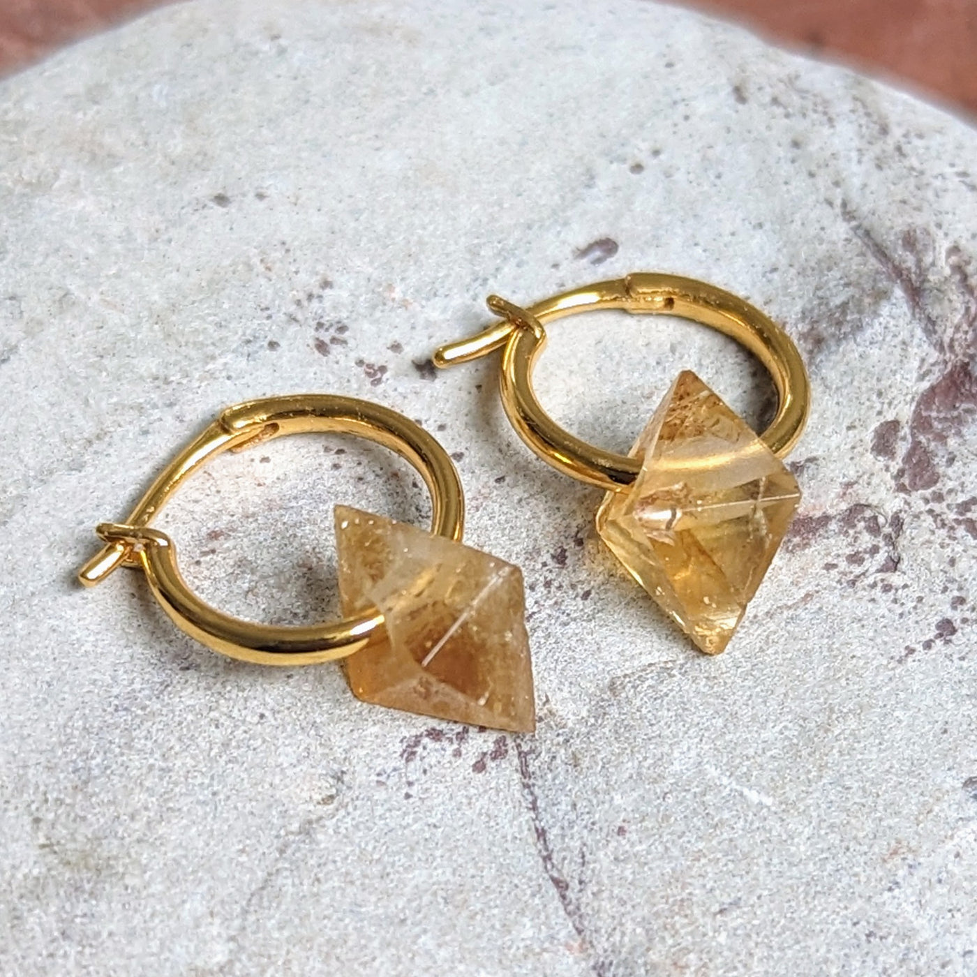 Gold plated citrine octahedron charm hoop earrings