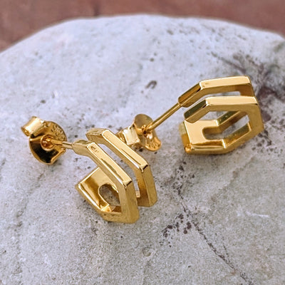 gold plated double hexagon huggie earrings