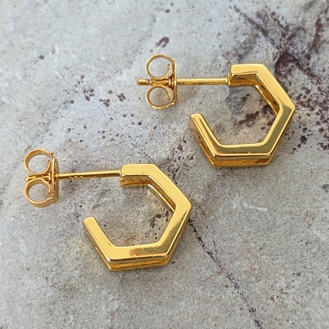 gold plated double hexagon huggie earrings