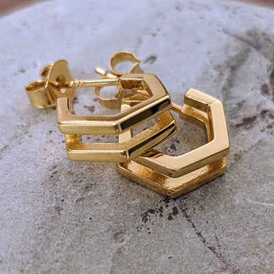 gold plated double hexagon huggie earrings