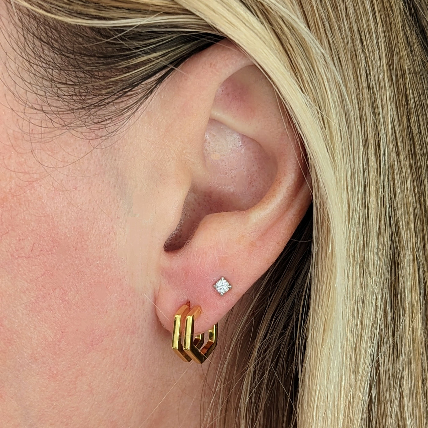 gold plated double hexagon huggie earrings