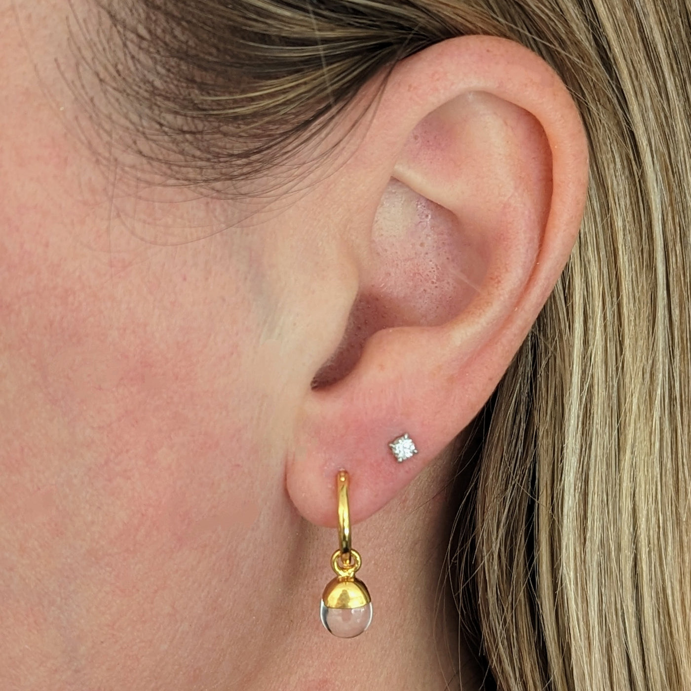 gold plated clear quartz April birthstone hoop earrings