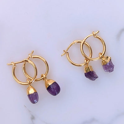 gold plated amethyst february birthstone hoop earrings