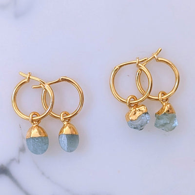 gold plated aquamarine march birthstone hoop earrings