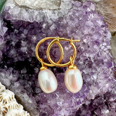 Pearl Accent Hoop Earrings - Gold Plated