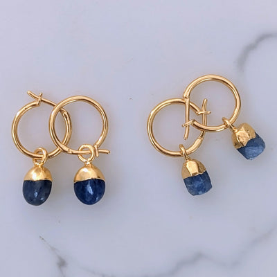 gold plated sapphire September birthstone hoop earrings