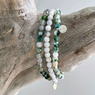 Inner Peace, Balance, Grounding and Abundance Gemstone Bracelet Trio - Tree Agate, Moss Agate and White Howlite