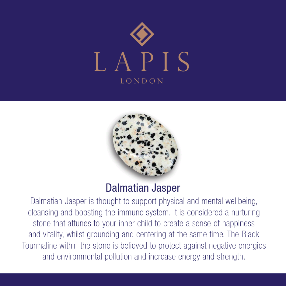 Lapis London dalmatian jasper gemstone meaning card