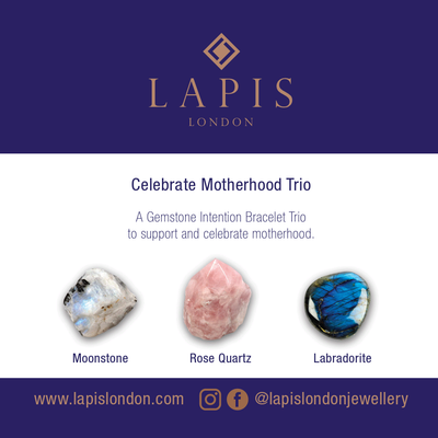 Lapis London moonstone, rose quartz and labradorite gemstone meaning card