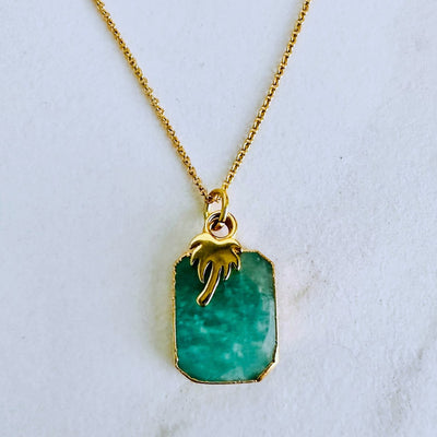 Gold plated amazonite and palm tree charm pendant necklace