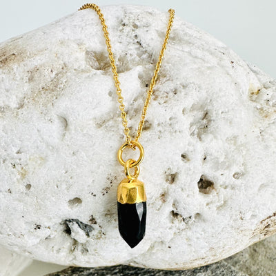 Gold plated black onyx spike pendant necklace