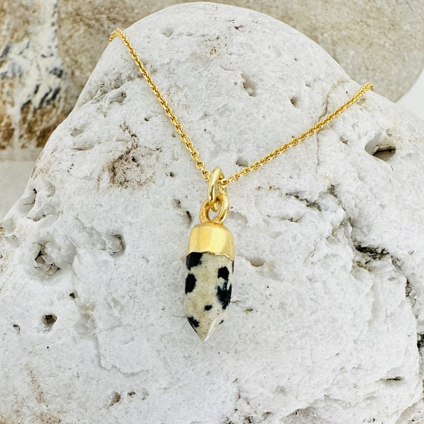 Gold plated dalmatian jasper spike pendant necklace