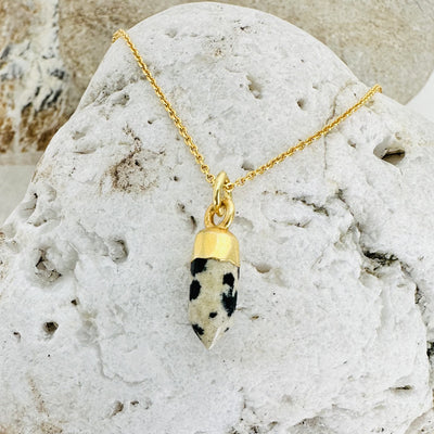 Gold plated dalmatian jasper spike pendant necklace