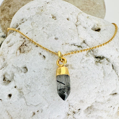 Gold plated tourmalinated quartz gemstone pendant necklace