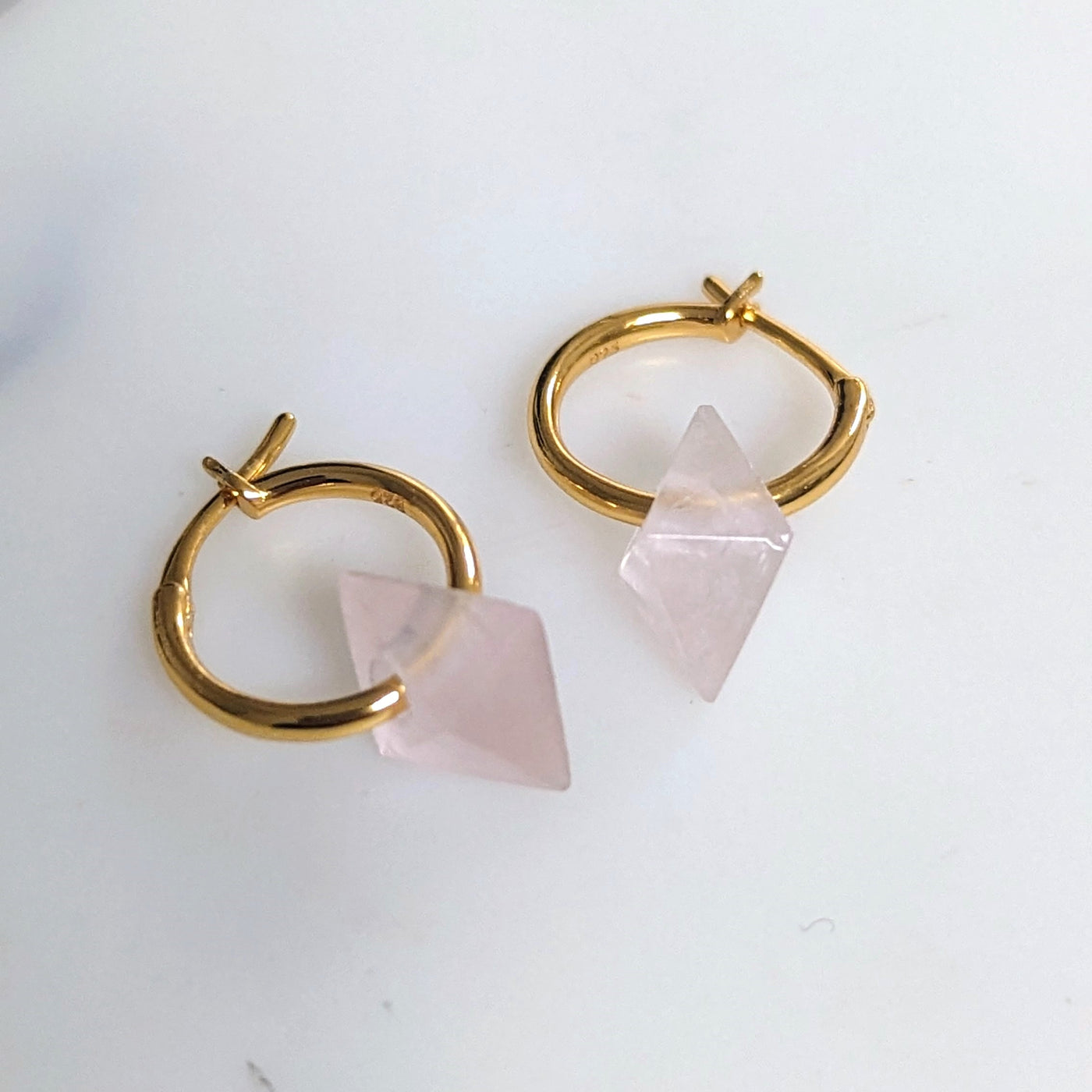 Rose quartz octahedron charm gold plated hoop earrings
