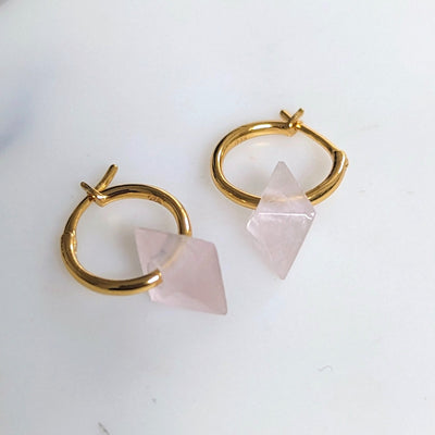 Rose quartz octahedron charm gold plated hoop earrings