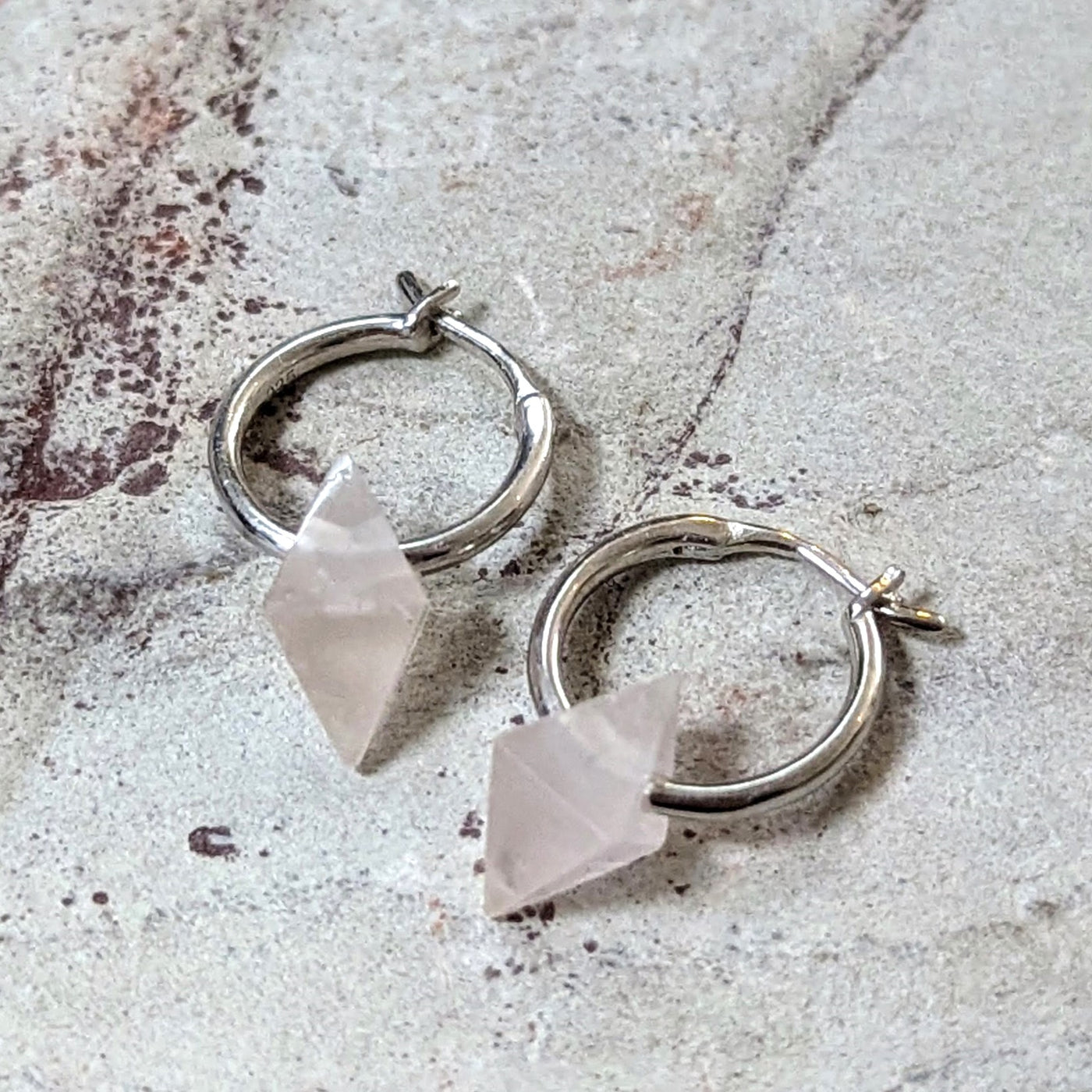 rose quartz octahedron charm sterling silver hoop earrings