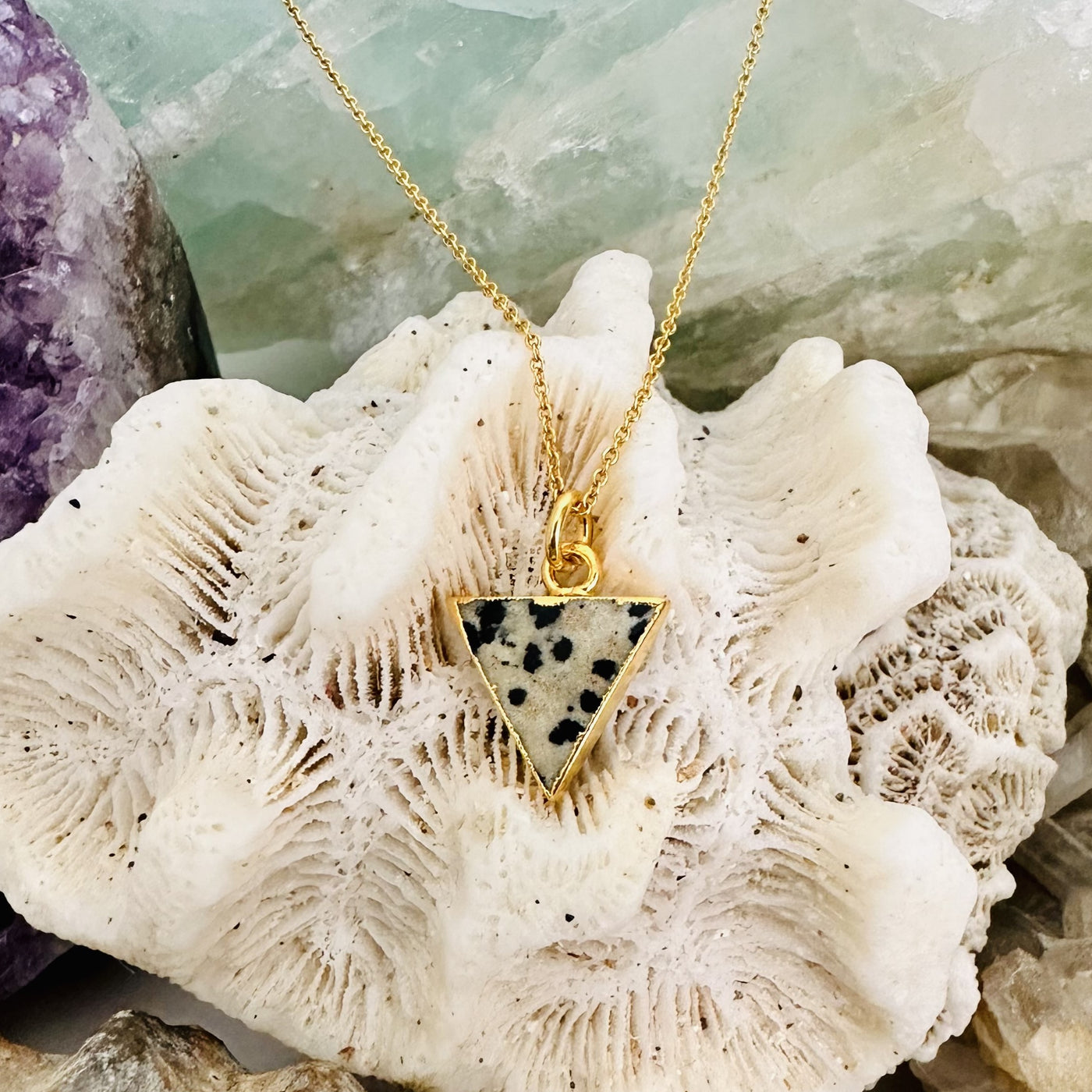 Dalmatian jasper gold plated triangular gemstone pendant necklace