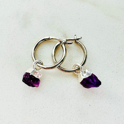 silver amethyst February birthstone hoop earrings