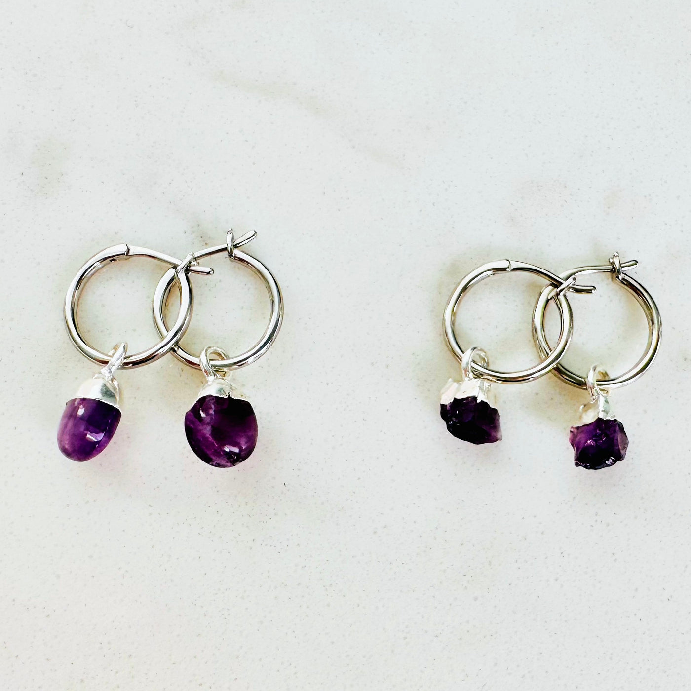 silver amethyst February birthstone hoop earrings