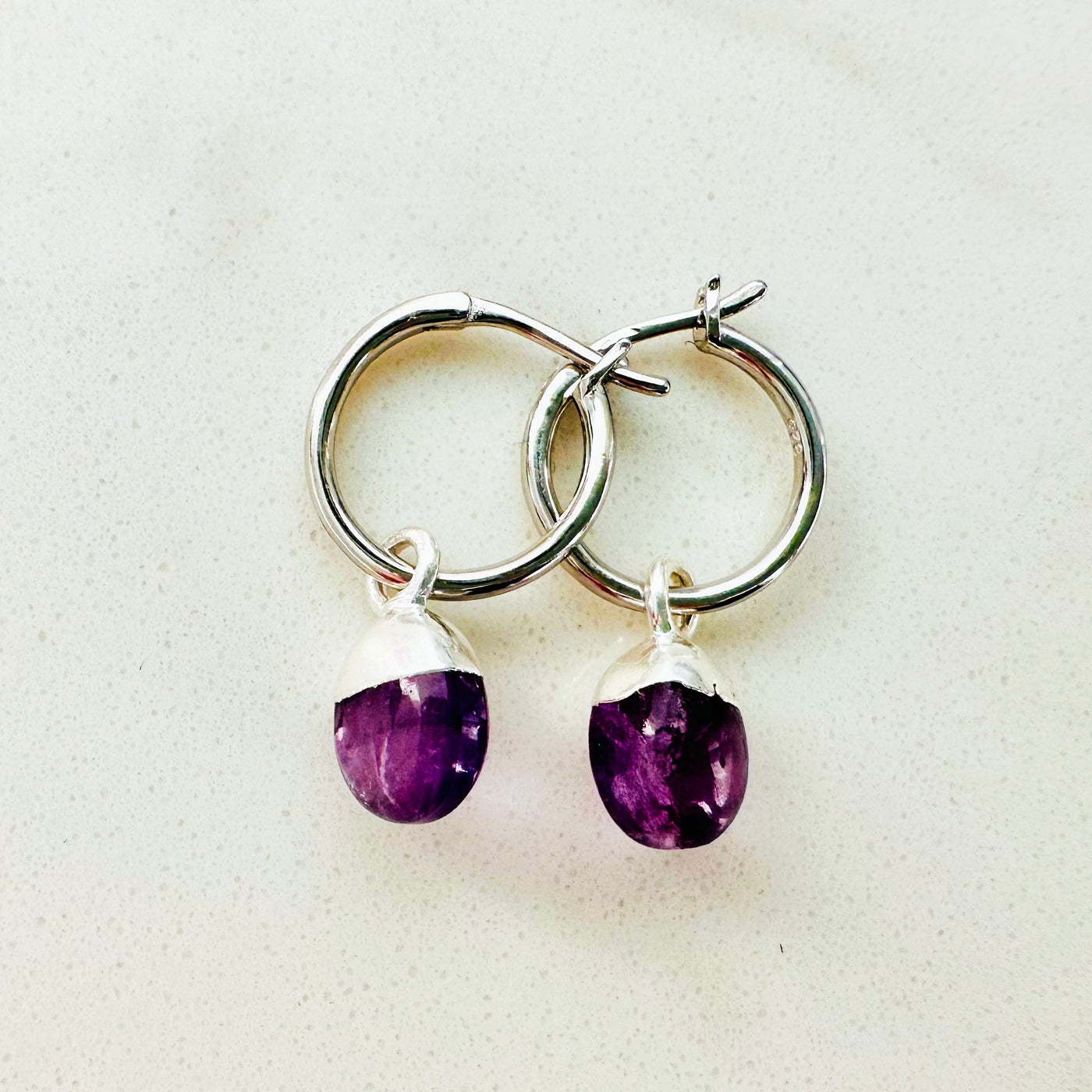 silver amethyst February birthstone hoop earrings