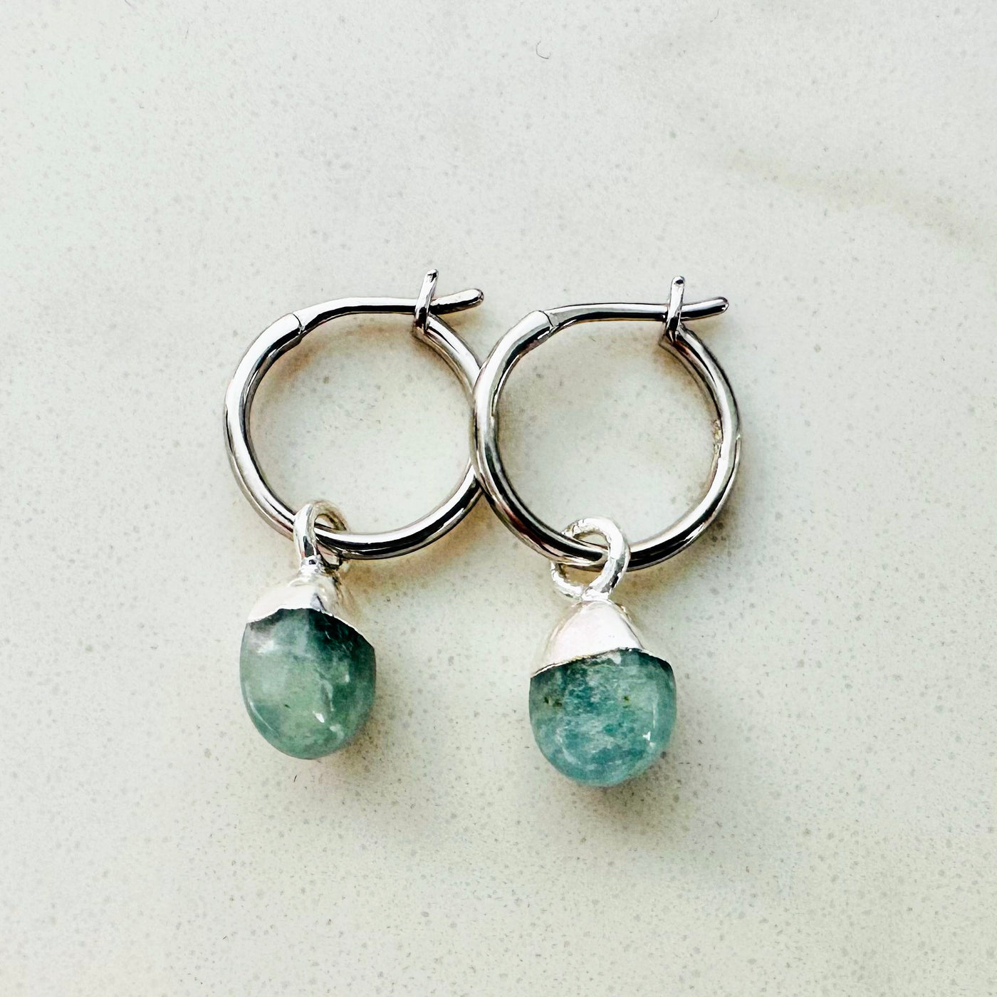 silver aquamarine March birthstone hoop earrings