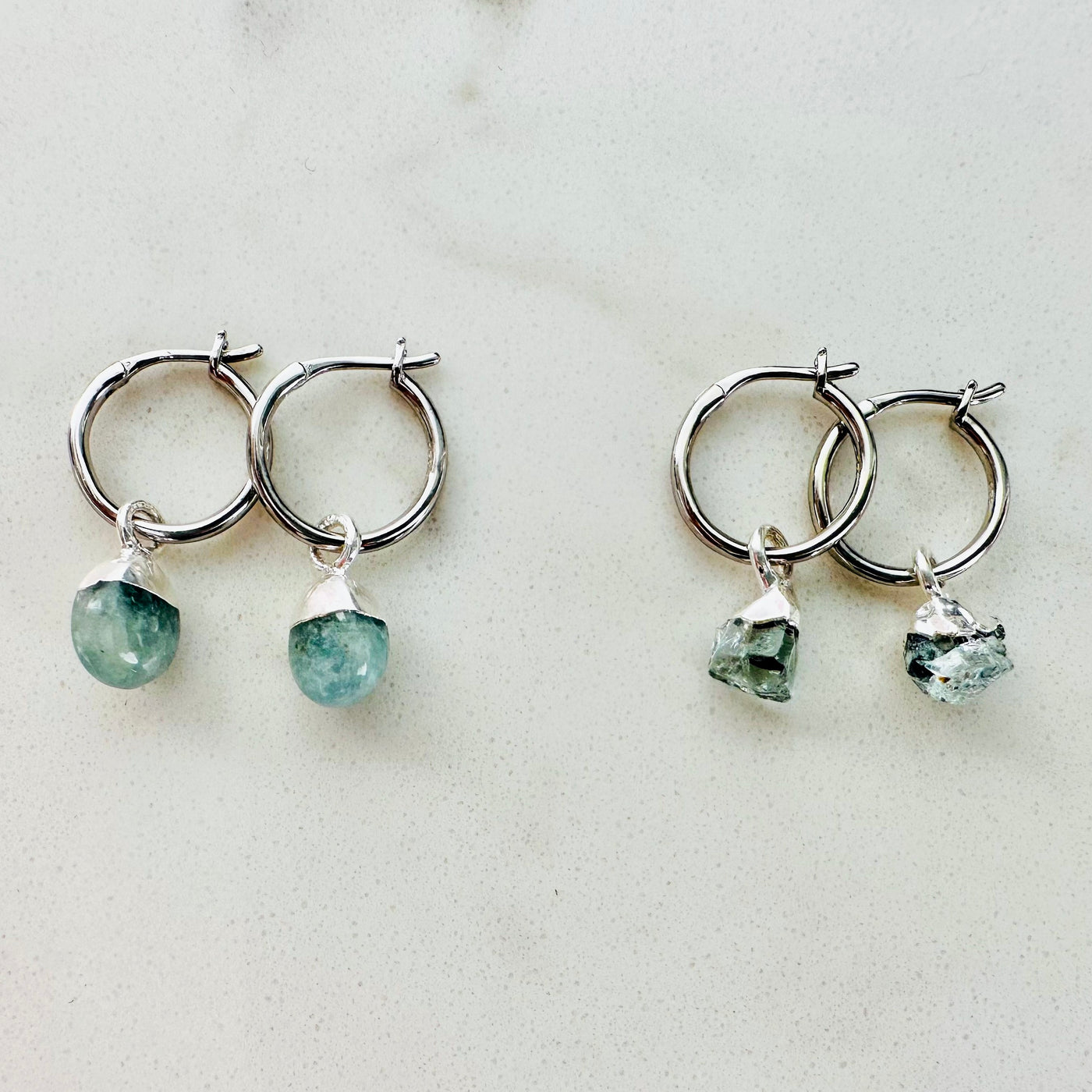 silver aquamarine March birthstone hoop earrings